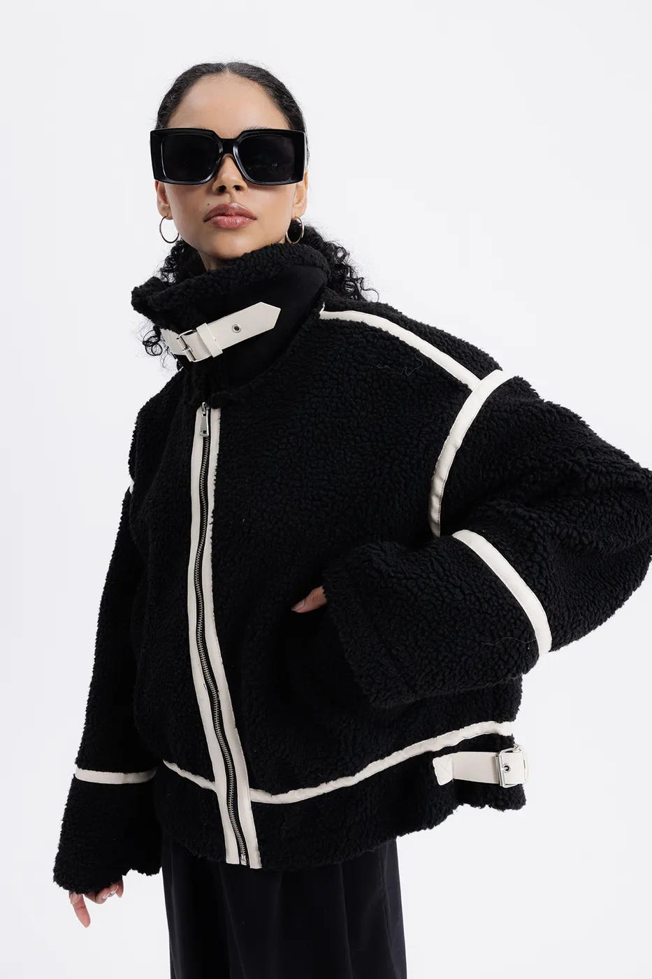 Bayan Siyah Suni Kürklü Biker Ceket