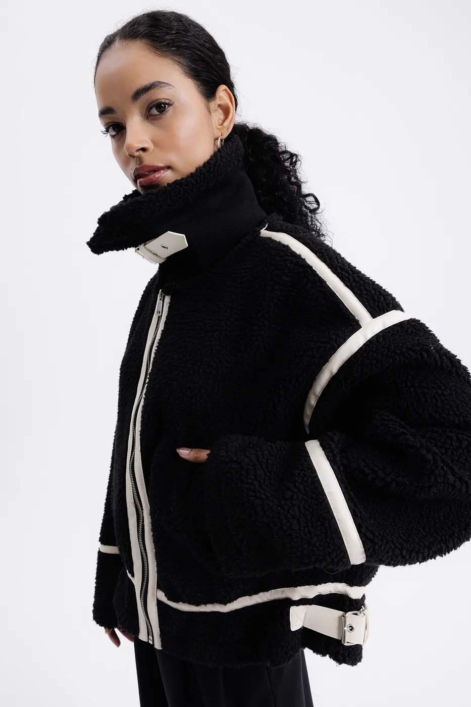 Bayan Siyah Suni Kürklü Biker Ceket
