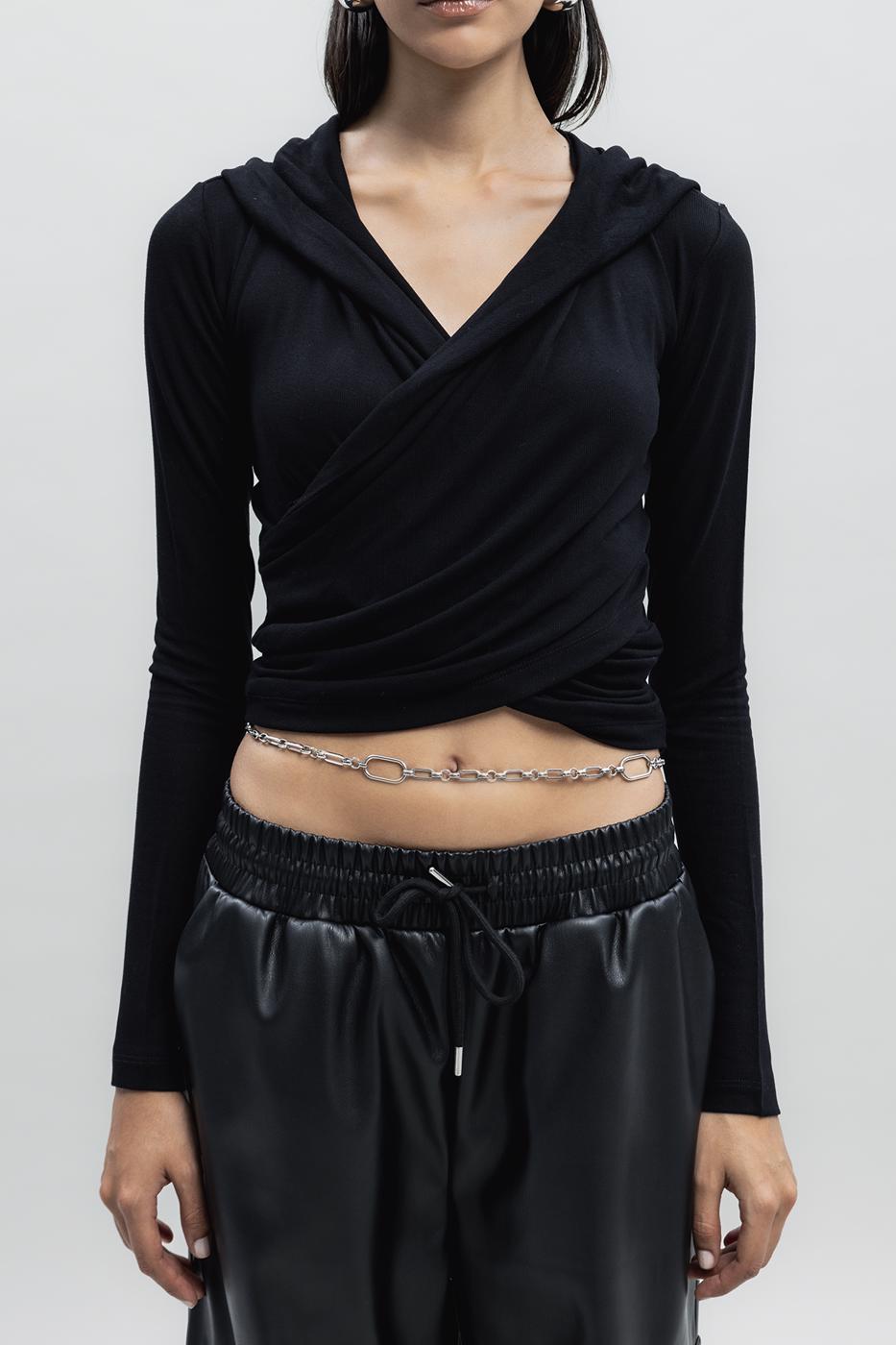 Bayan Siyah Kapüşon Detaylı Top