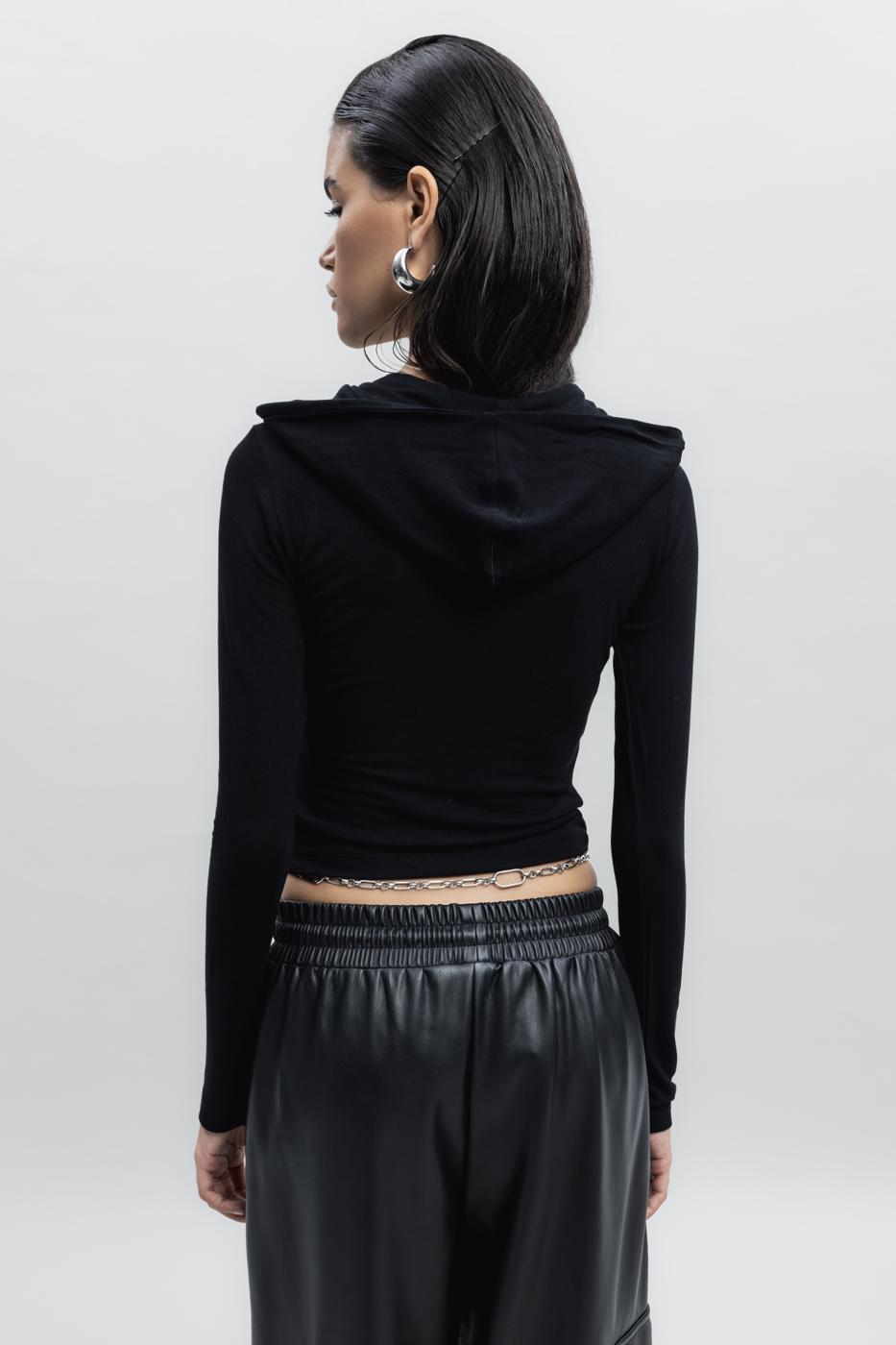 Bayan Siyah Kapüşon Detaylı Top