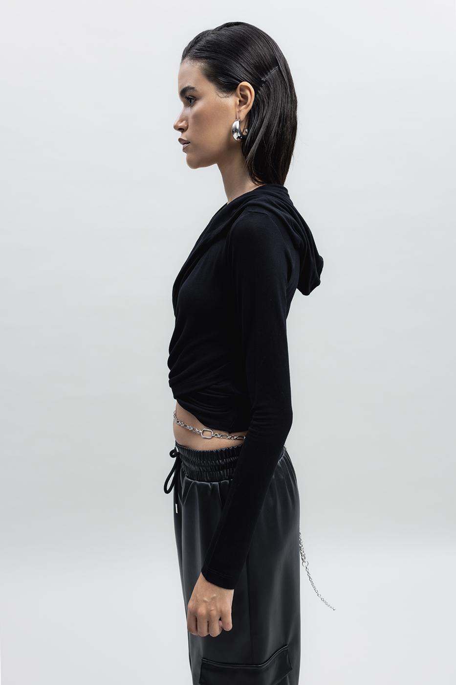Bayan Siyah Kapüşon Detaylı Top