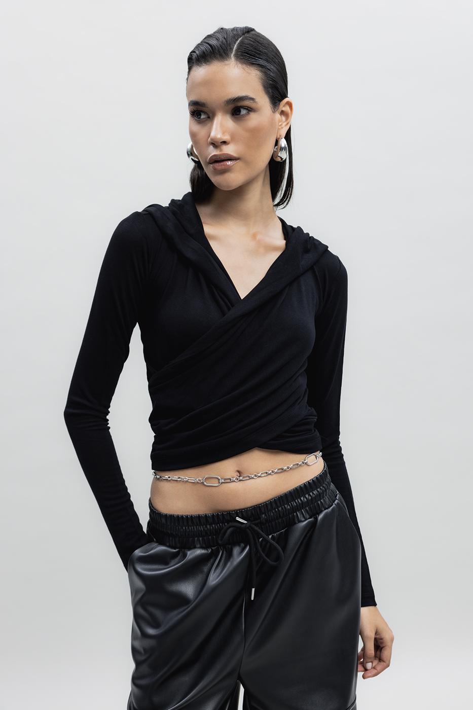 Bayan Siyah Kapüşon Detaylı Top