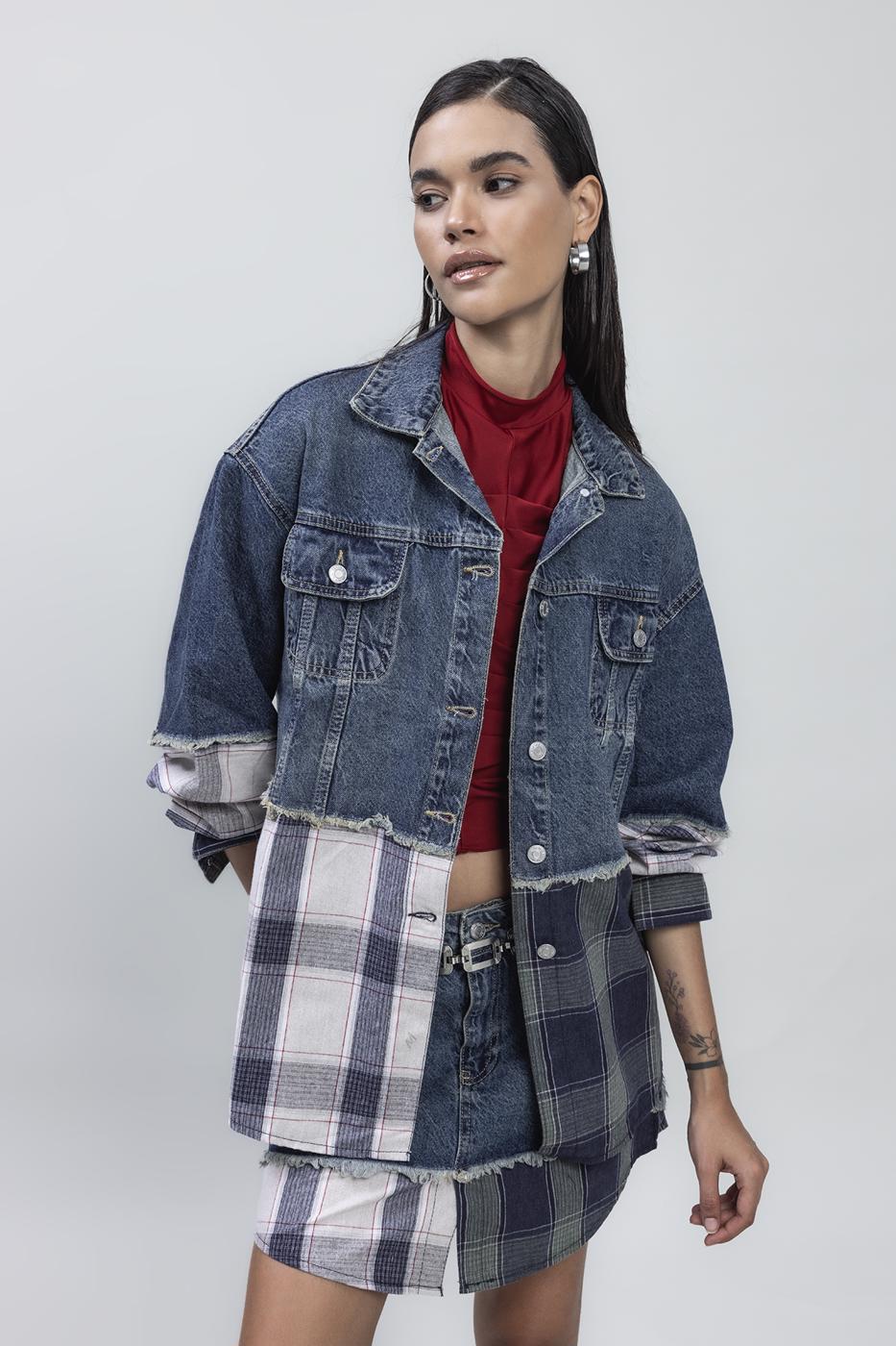 Bayan Mavi Garnili Denim Mont