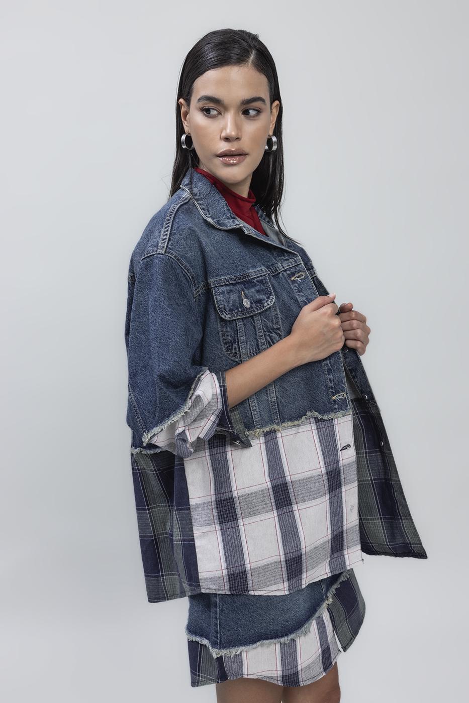 Bayan Mavi Garnili Denim Mont