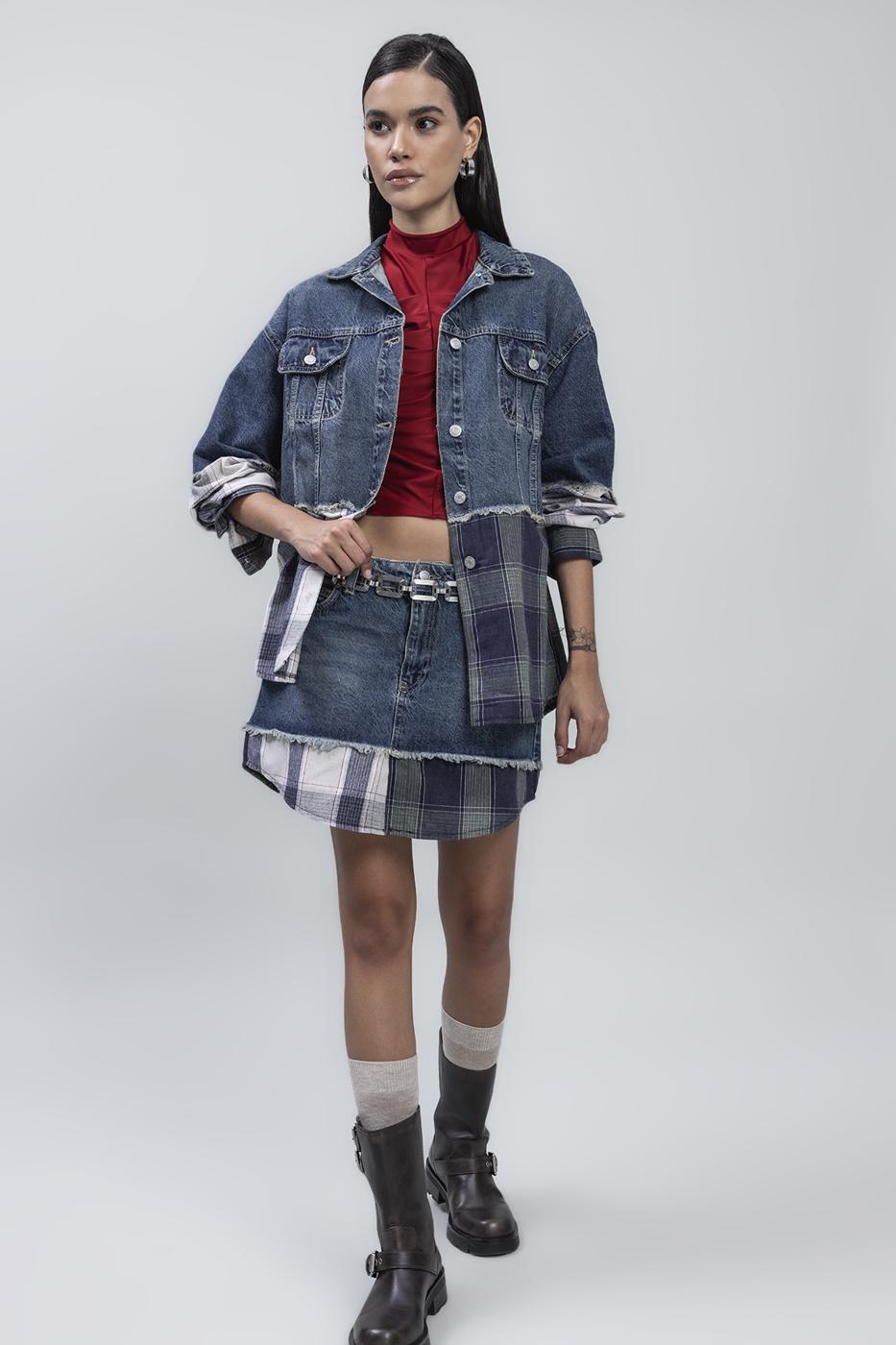 Bayan Mavi Garnili Denim Mini Etek