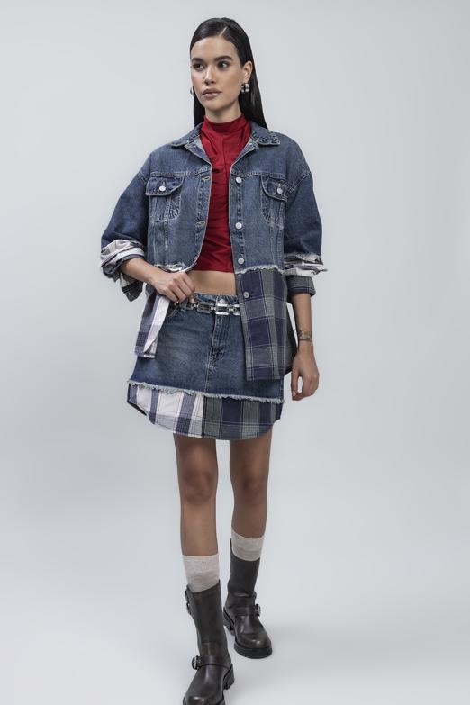 Bayan Mavi Garnili Denim Mini Etek - BSL