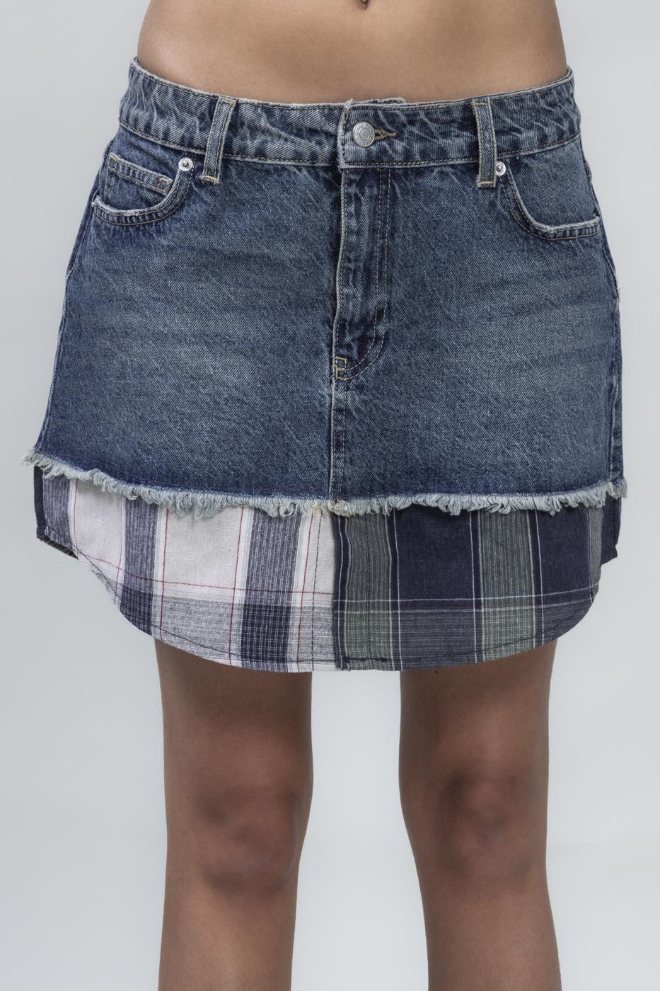 Bayan Mavi Garnili Denim Mini Etek