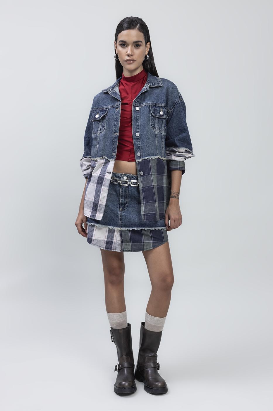 Bayan Mavi Garnili Denim Mini Etek