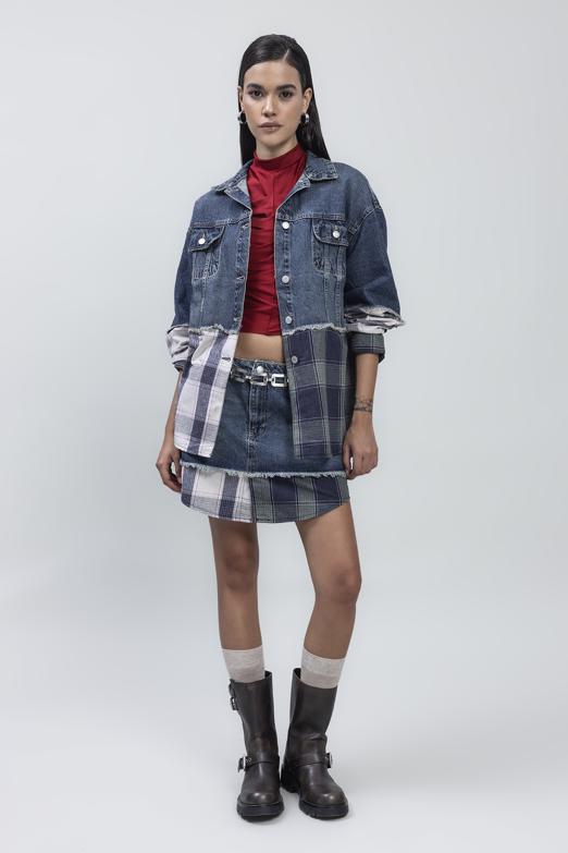 Bayan Mavi Garnili Denim Mini Etek - BSL