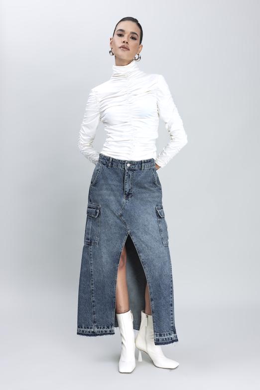 Bayan Mavi Kargo Cepli Uzun Denim Etek - BSL