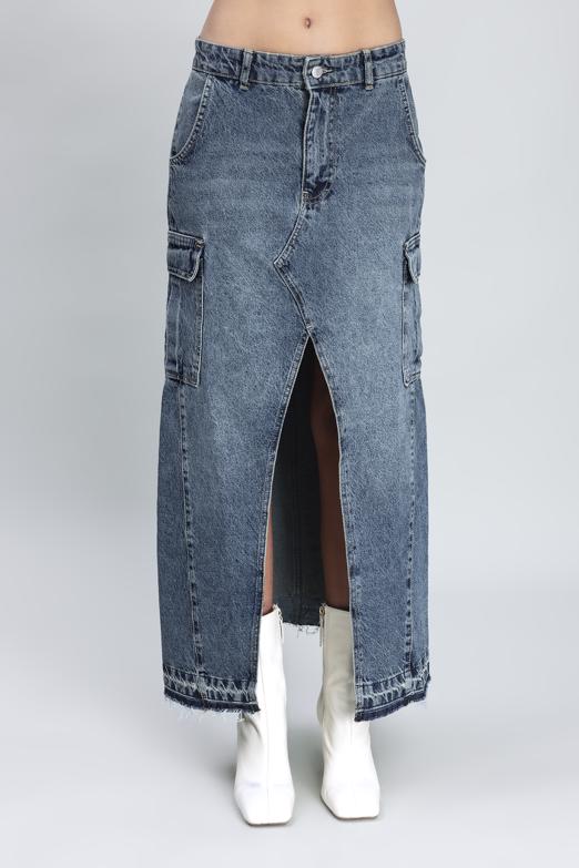 Bayan Mavi Kargo Cepli Uzun Denim Etek - BSL