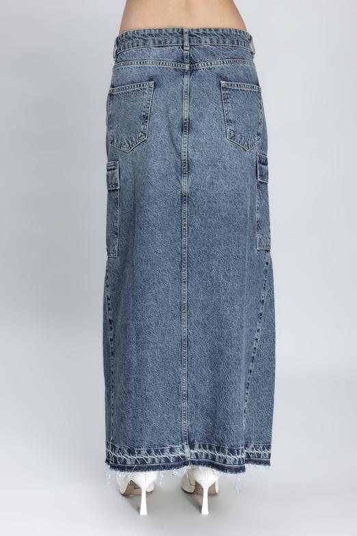 Bayan Mavi Kargo Cepli Uzun Denim Etek - BSL