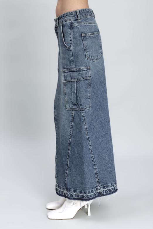 Bayan Mavi Kargo Cepli Uzun Denim Etek - BSL