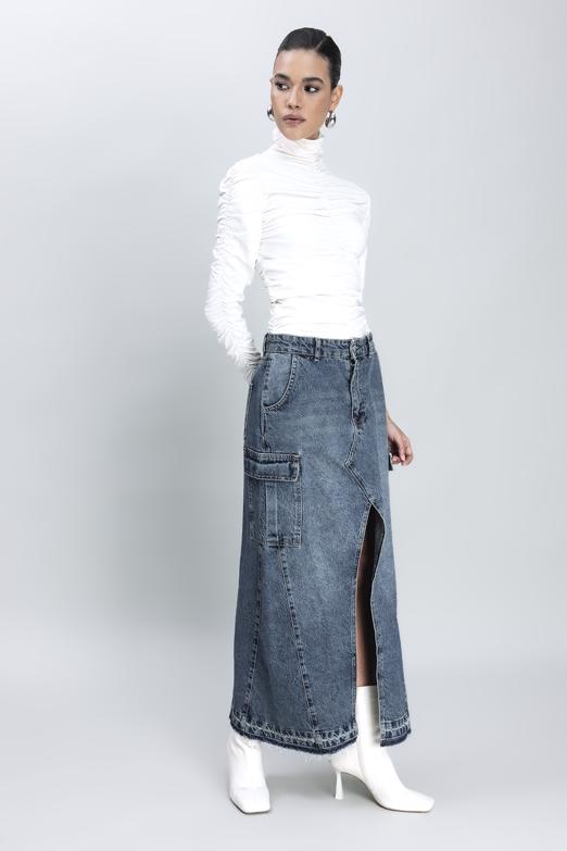 Bayan Mavi Kargo Cepli Uzun Denim Etek - BSL