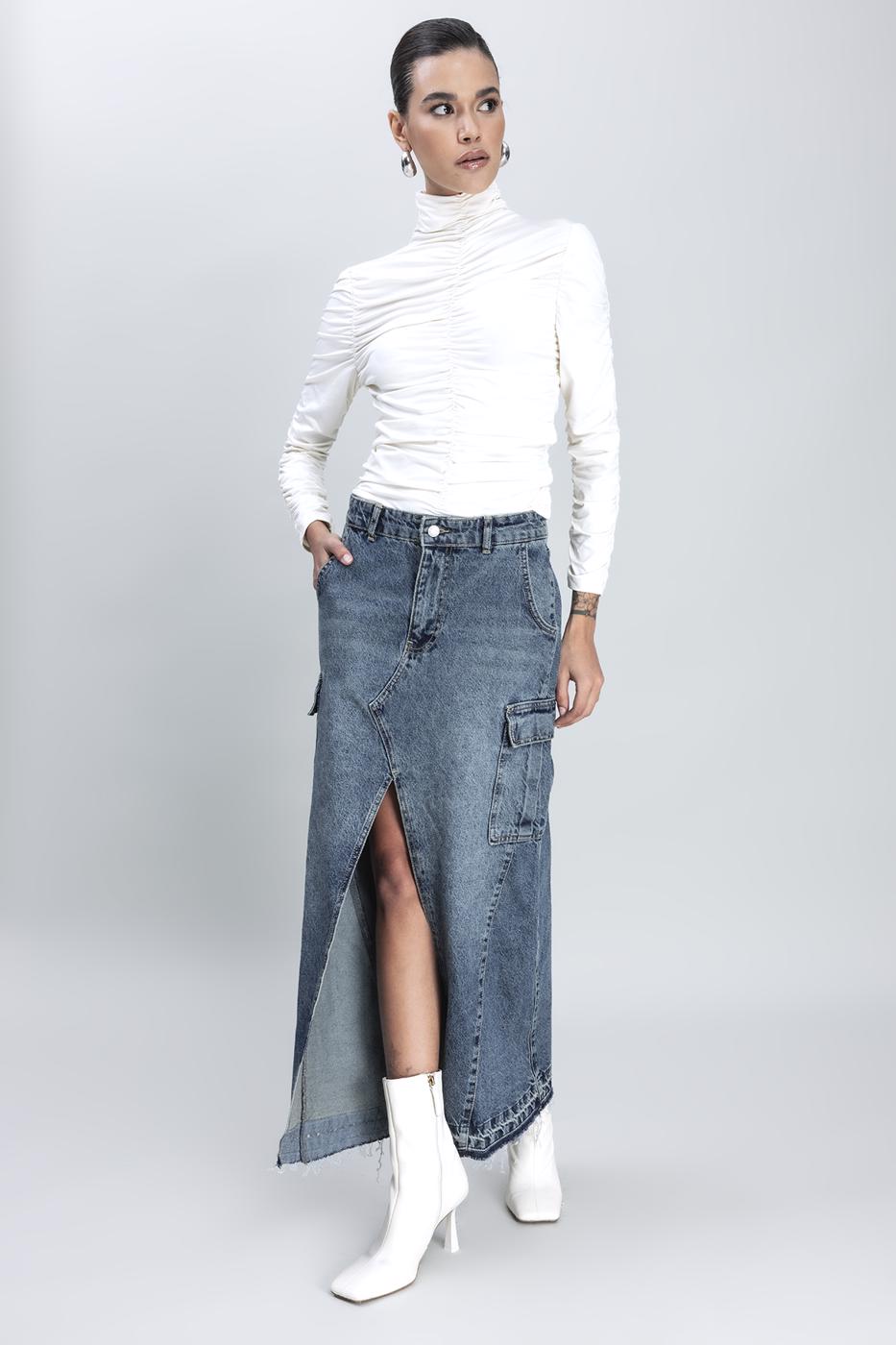 Bayan Mavi Kargo Cepli Uzun Denim Etek