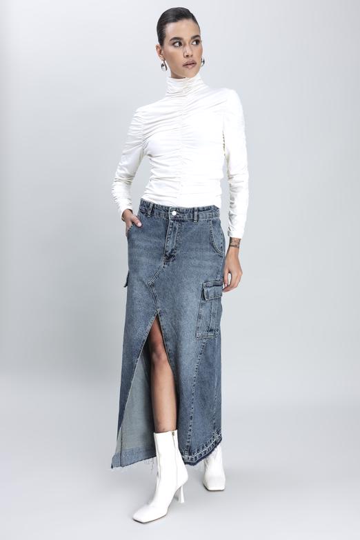 Bayan Mavi Kargo Cepli Uzun Denim Etek - BSL