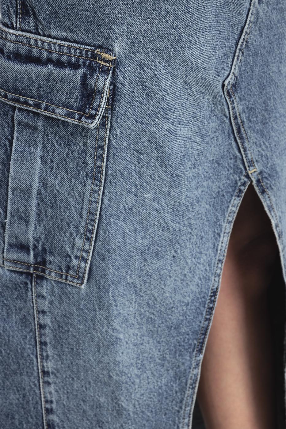 Bayan Mavi Kargo Cepli Uzun Denim Etek