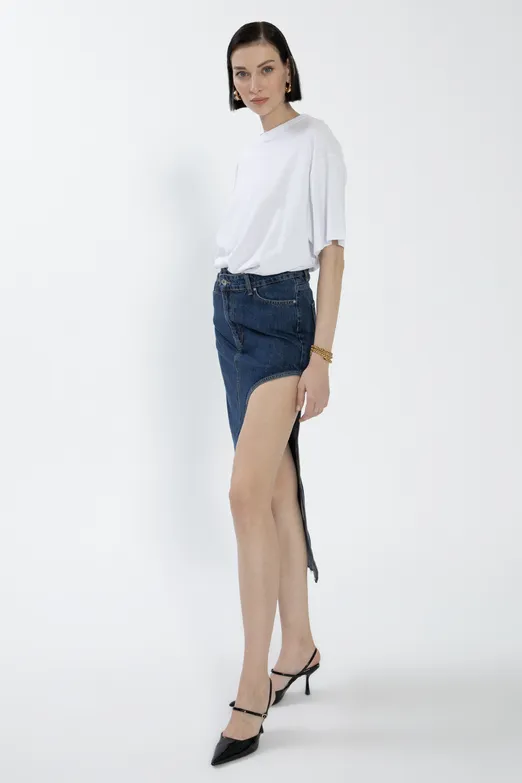 Bayan Mavi Cut Out Denim Etek - BSL