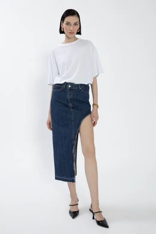 Bayan Mavi Cut Out Denim Etek - BSL