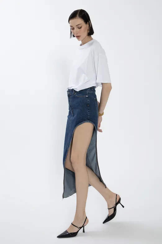 Bayan Mavi Cut Out Denim Etek - BSL