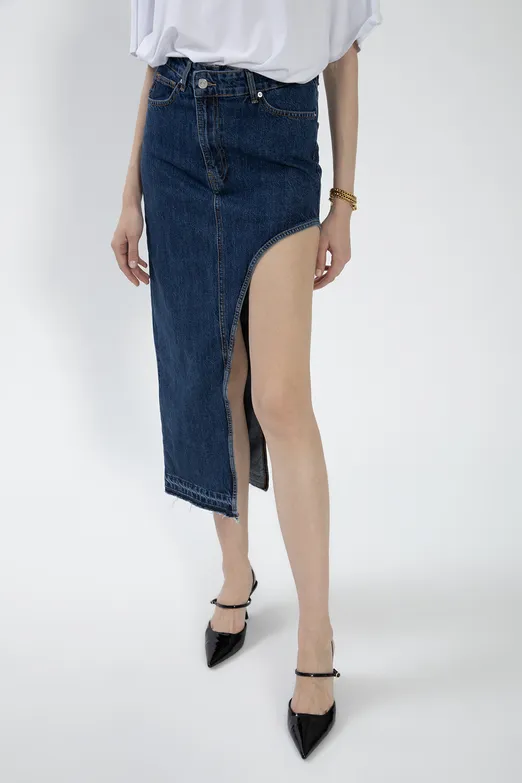 Bayan Mavi Cut Out Denim Etek - BSL