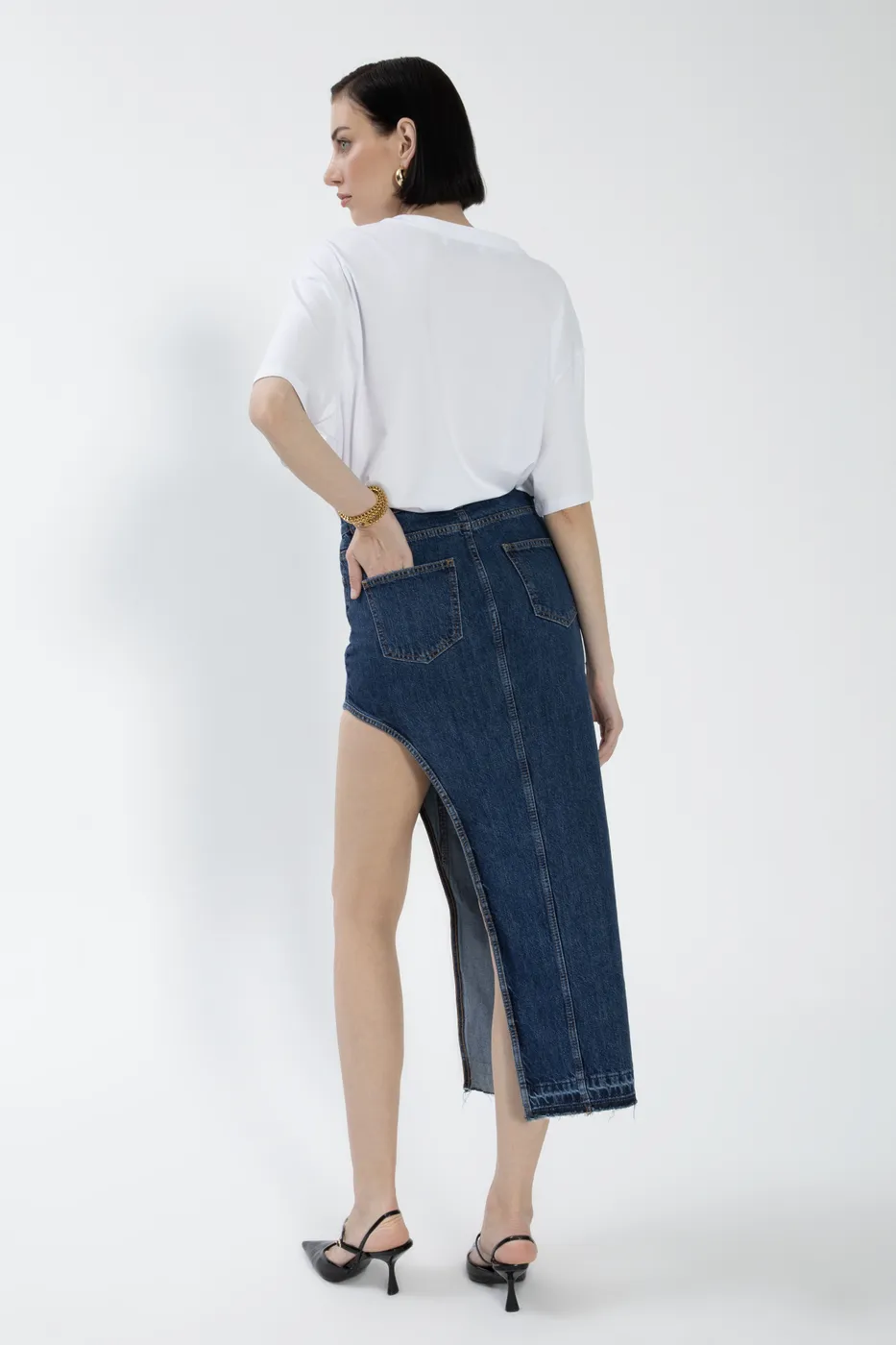 Bayan Mavi Cut Out Denim Etek