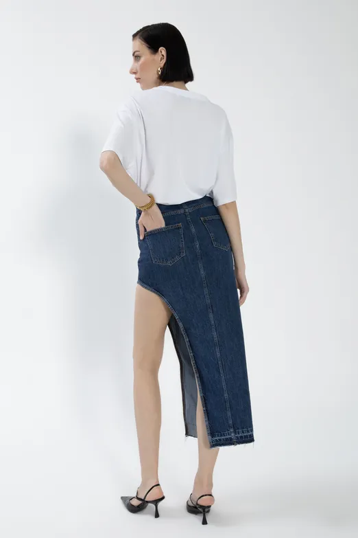 Bayan Mavi Cut Out Denim Etek - BSL