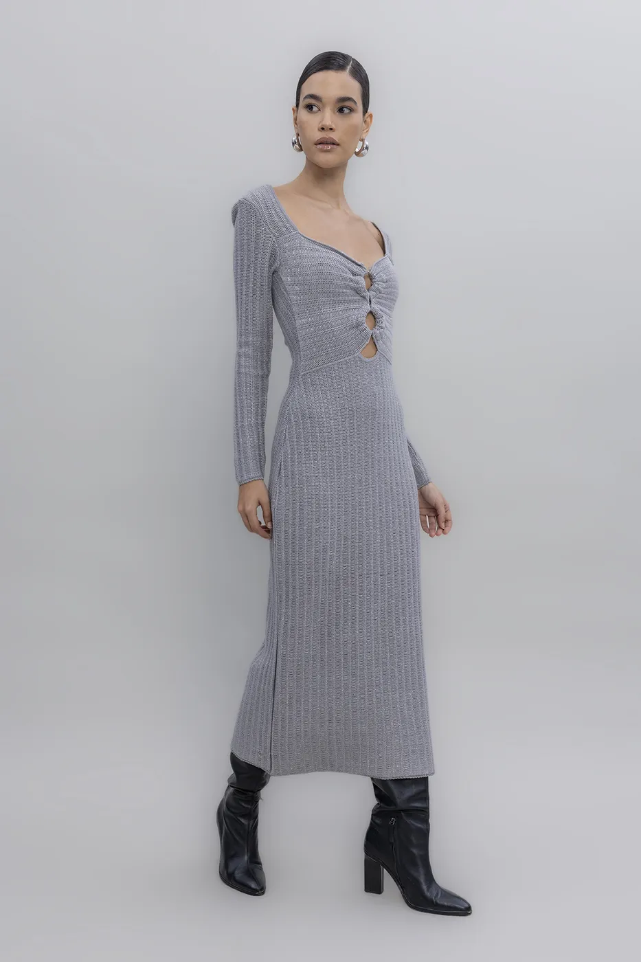 Bayan Gri Simli Midi Triko Elbise