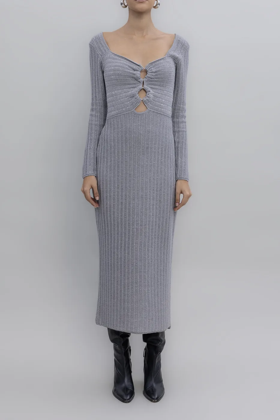 Bayan Gri Simli Midi Triko Elbise