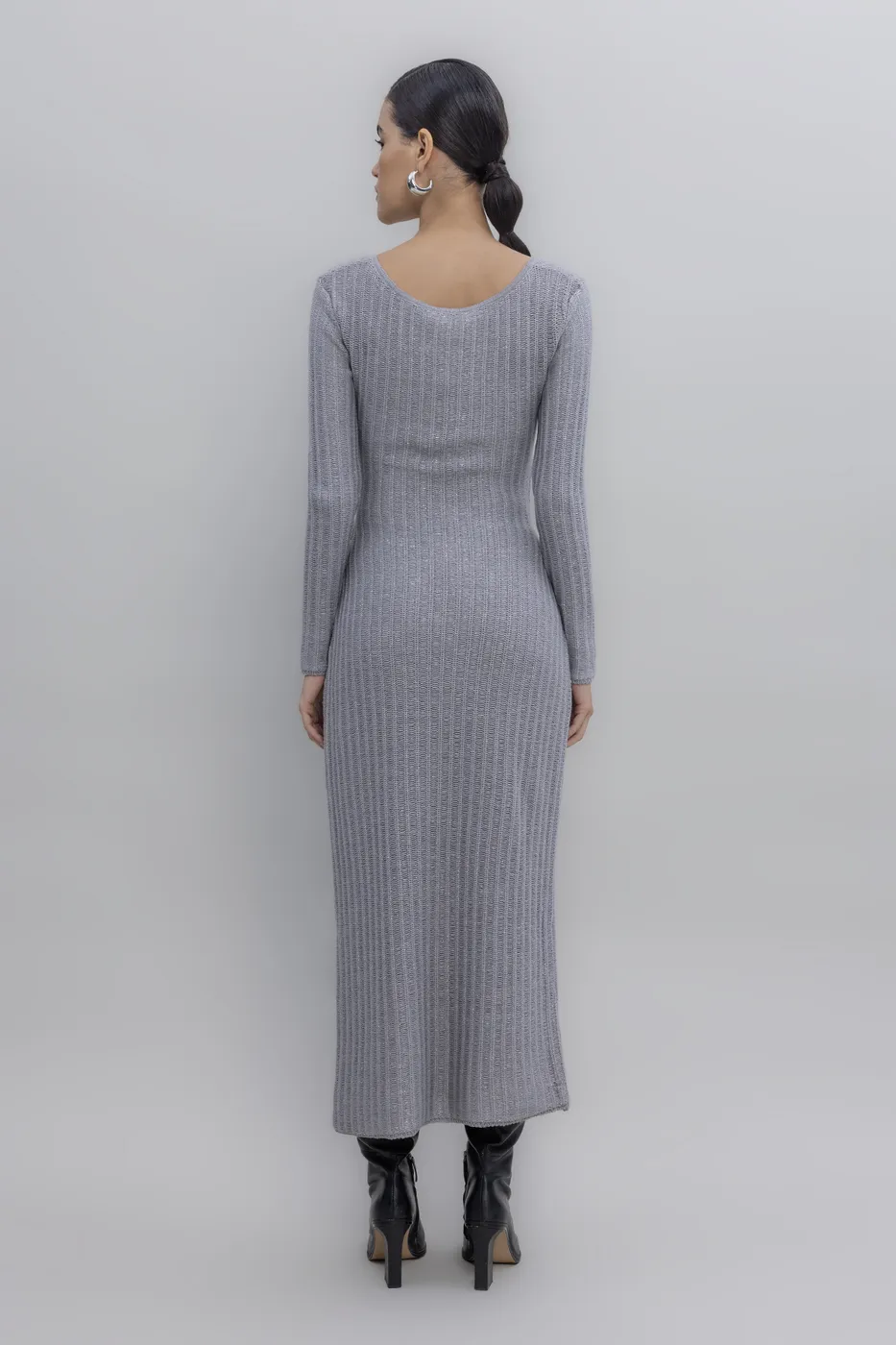 Bayan Gri Simli Midi Triko Elbise