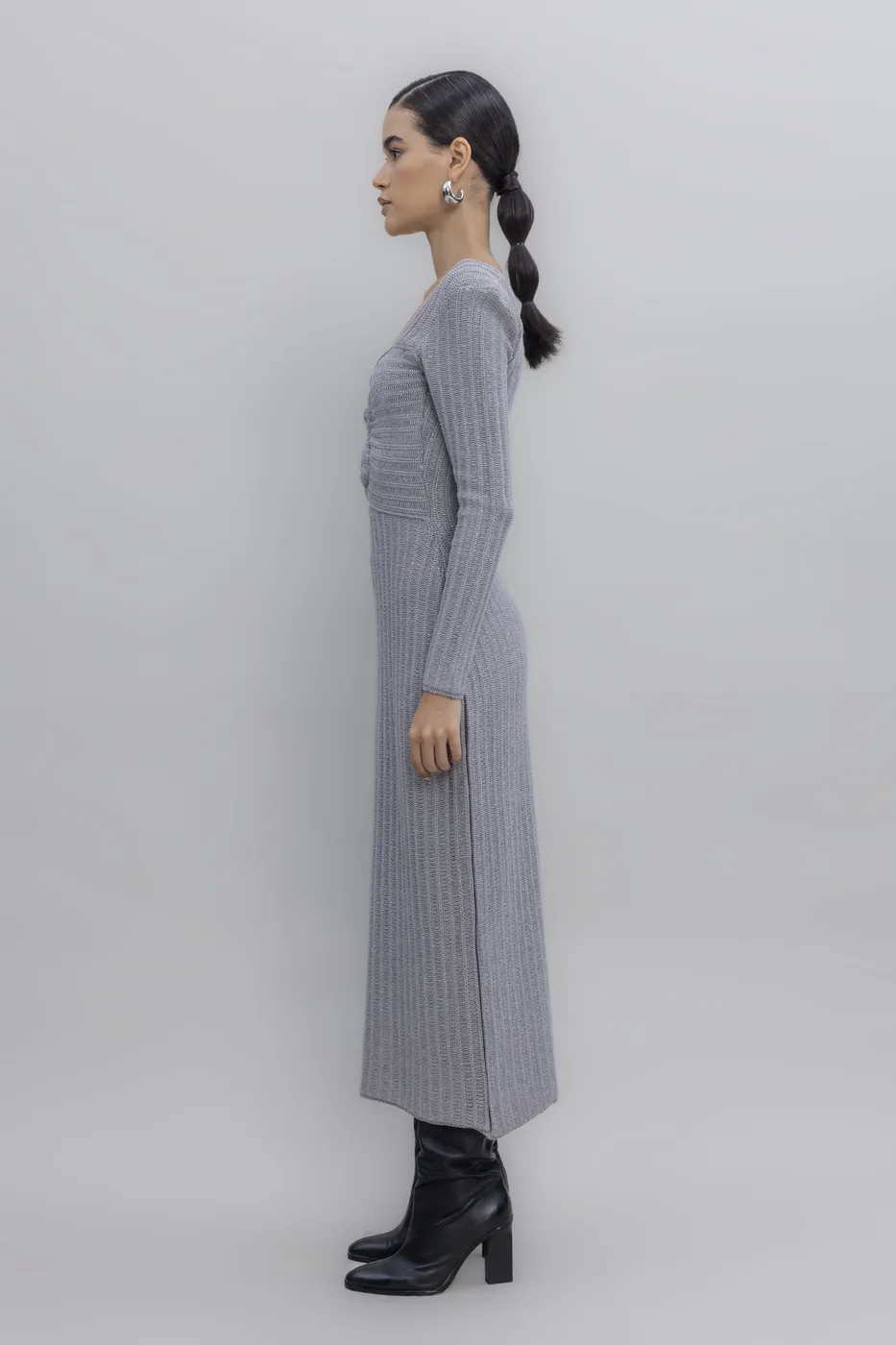 Bayan Gri Simli Midi Triko Elbise