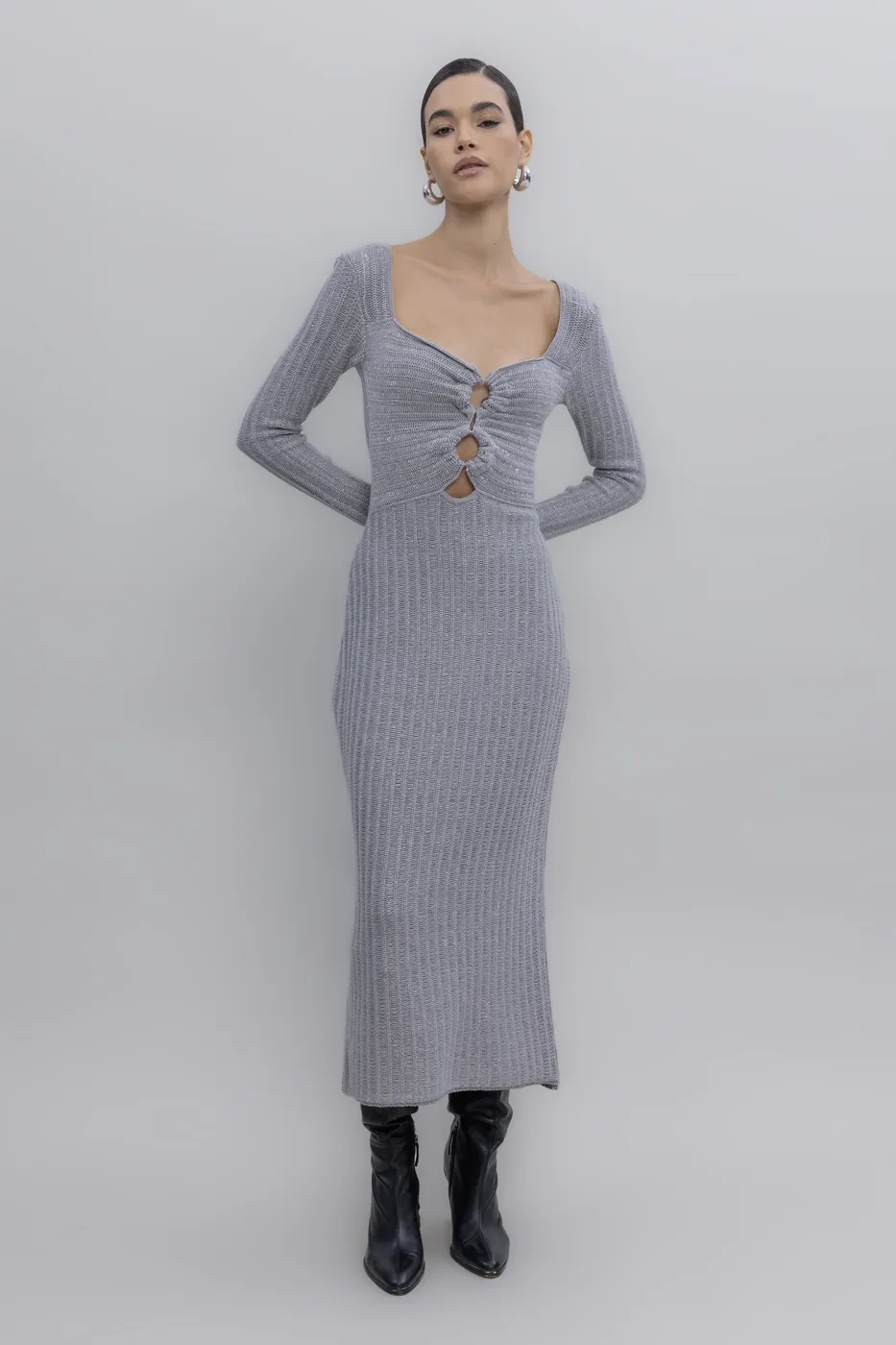 Bayan Gri Simli Midi Triko Elbise