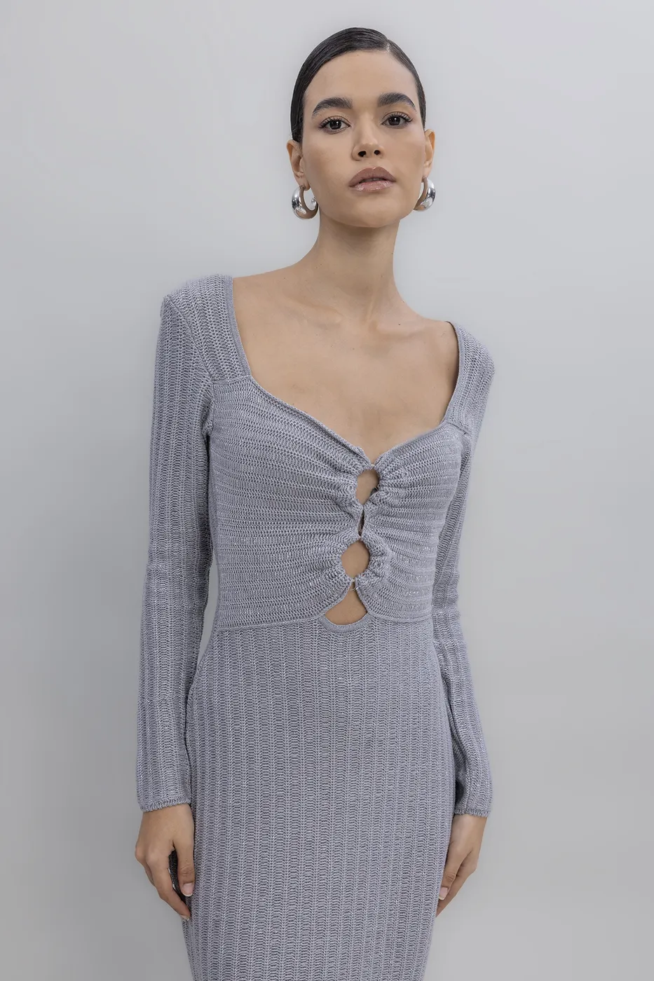 Bayan Gri Simli Midi Triko Elbise