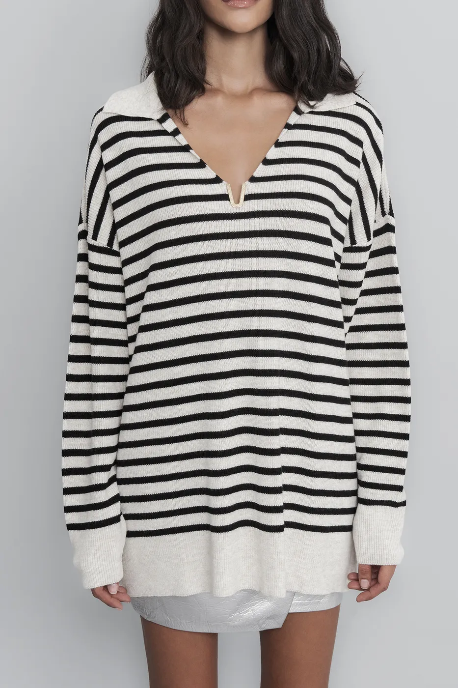 Bayan Ekru Çizgili Yakalı Triko Kazak