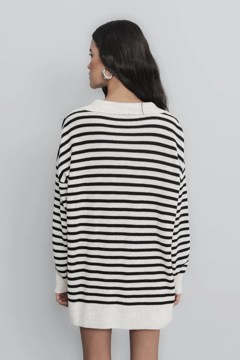 Bayan Ekru Çizgili Yakalı Triko Kazak