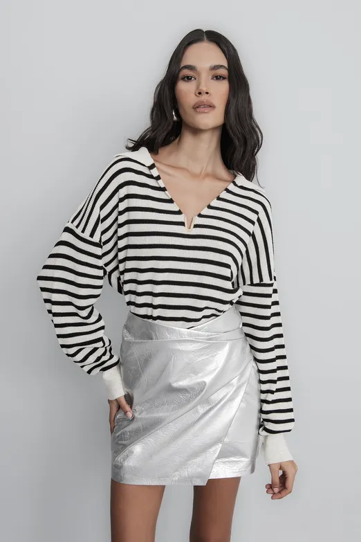 Bayan Ekru Çizgili Yakalı Triko Kazak - BSL