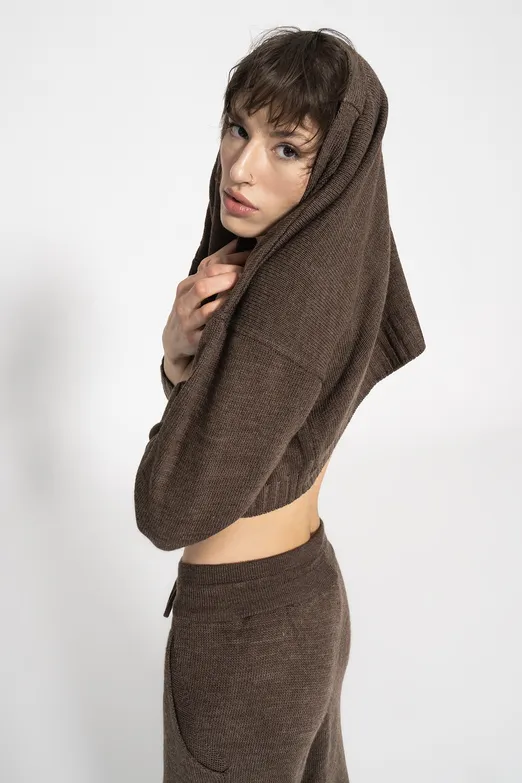 Bayan Kahverengi Crop Triko Hırka - BSL