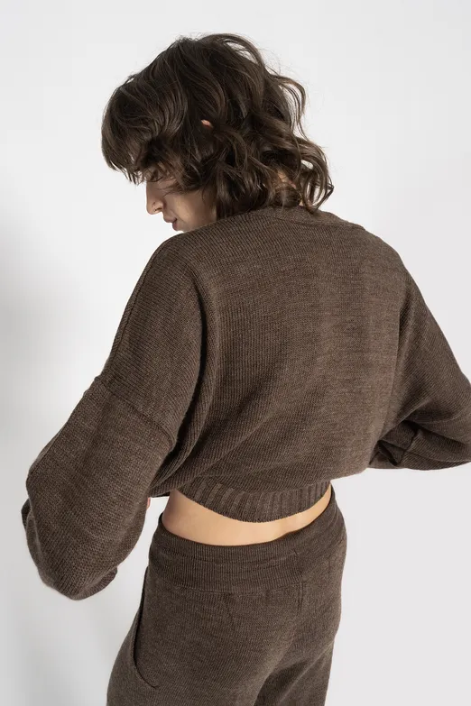 Bayan Kahverengi Crop Triko Hırka - BSL