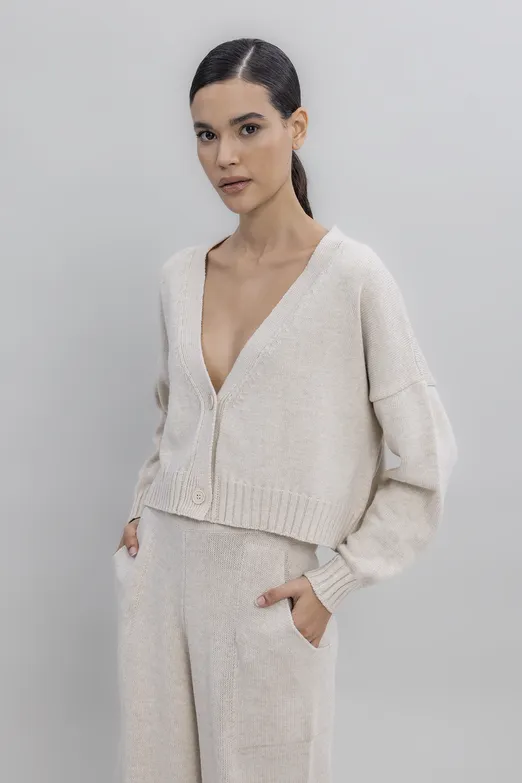 Bayan Krem Crop Triko Hırka - BSL