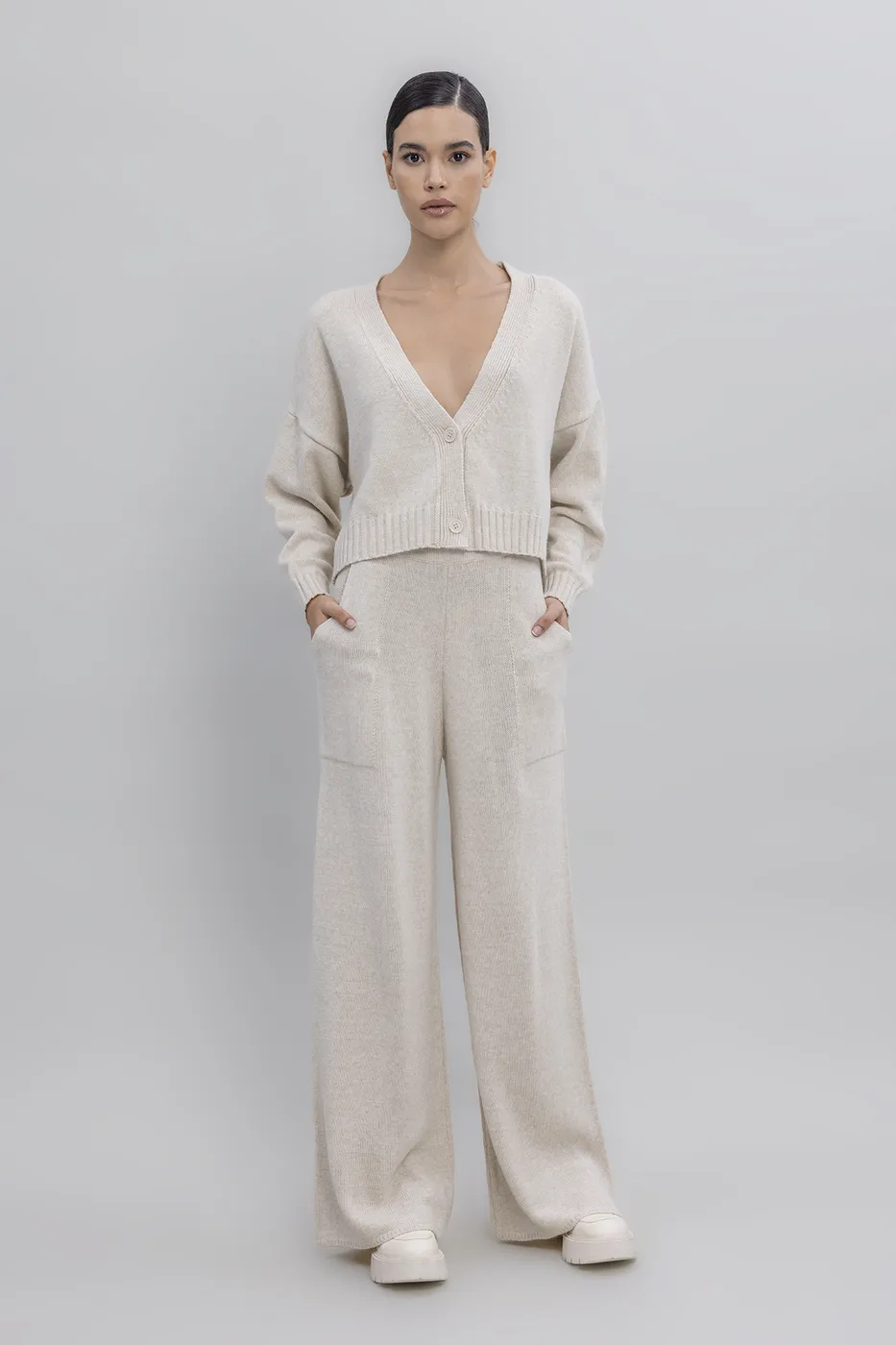 Bayan Krem Cepli Triko Bol Pantolon