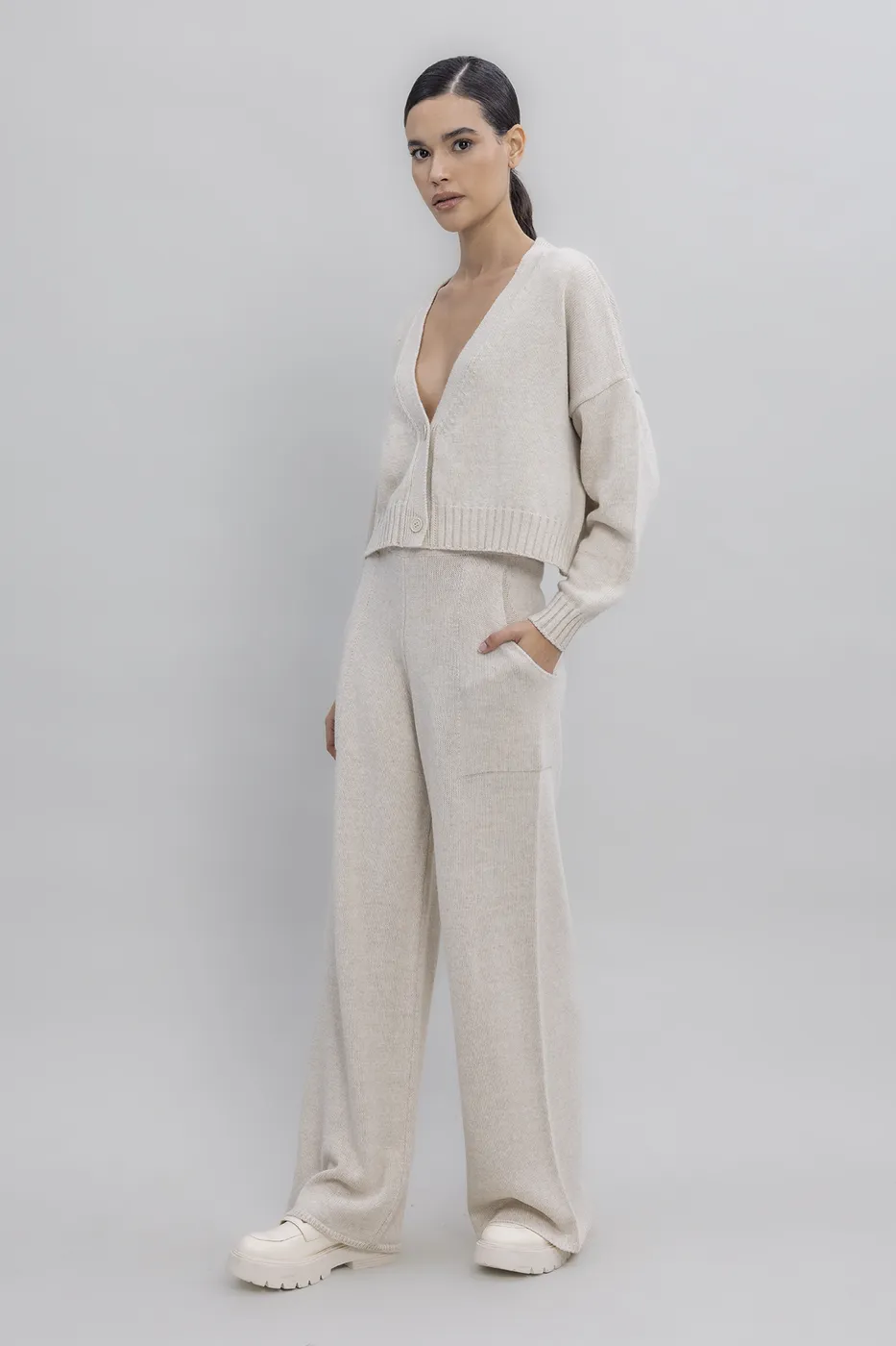 Bayan Krem Cepli Triko Bol Pantolon