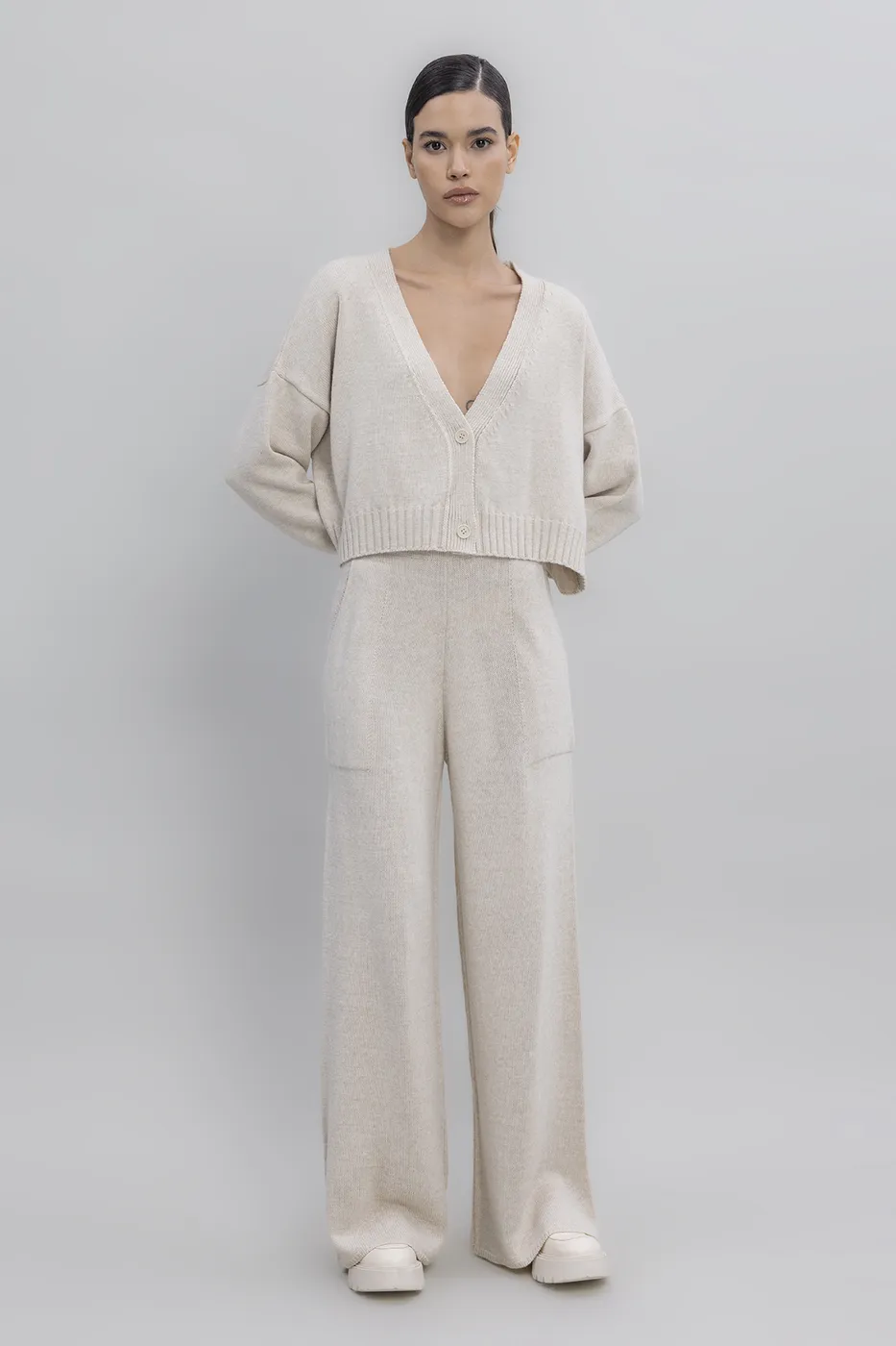 Bayan Krem Cepli Triko Bol Pantolon