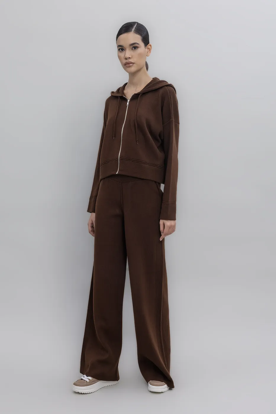 Bayan Kahverengi Cepli Triko Bol Pantolon