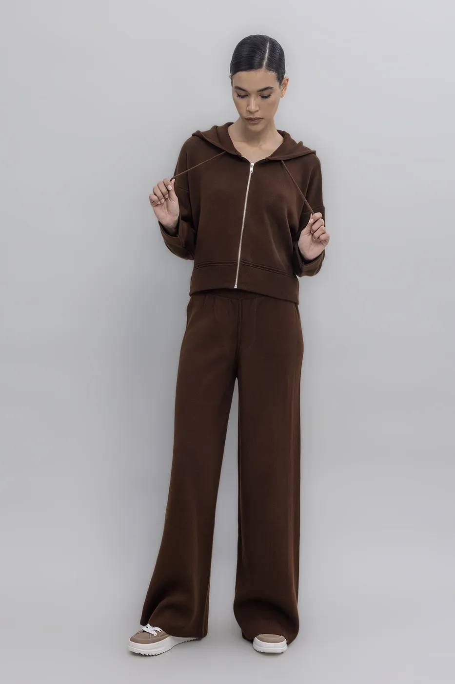 Bayan Kahverengi Cepli Triko Bol Pantolon