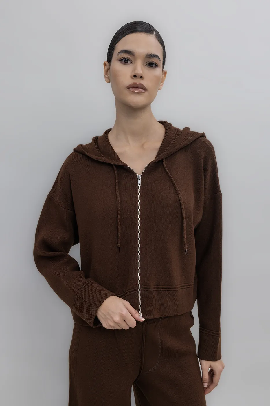 Bayan Kahverengi Kapüşonlu Triko Spor Kazak