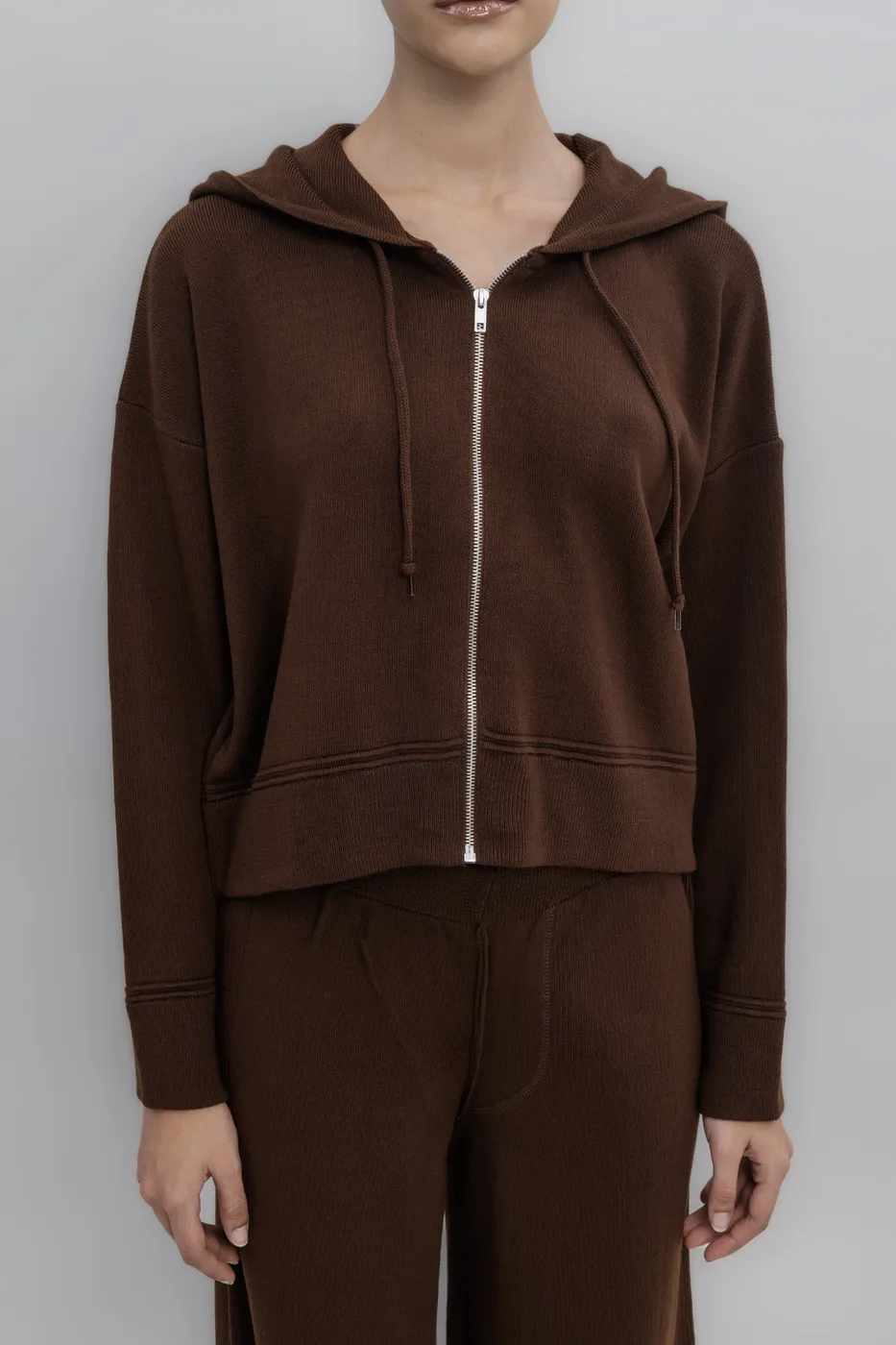 Bayan Kahverengi Kapüşonlu Triko Spor Kazak