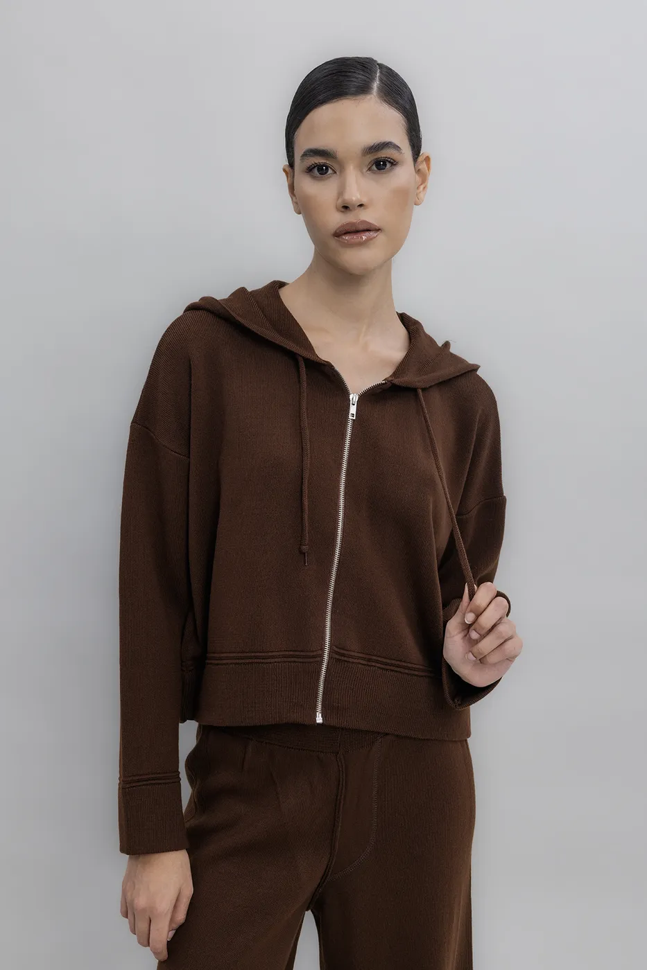 Bayan Kahverengi Kapüşonlu Triko Spor Kazak