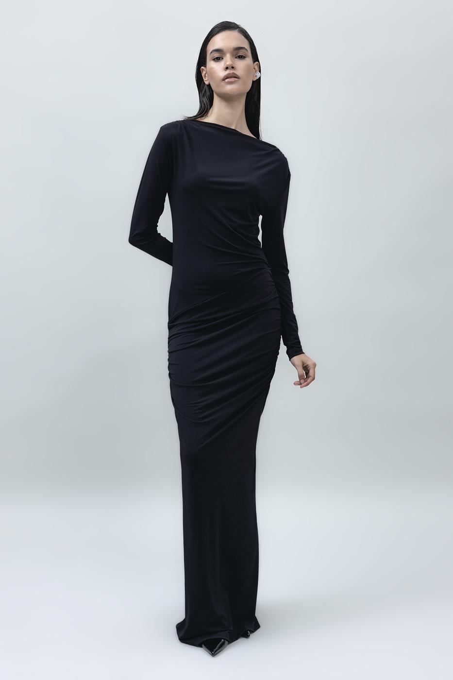 Bayan Siyah Kayık Yakalı Drapeli Maksi Elbise
