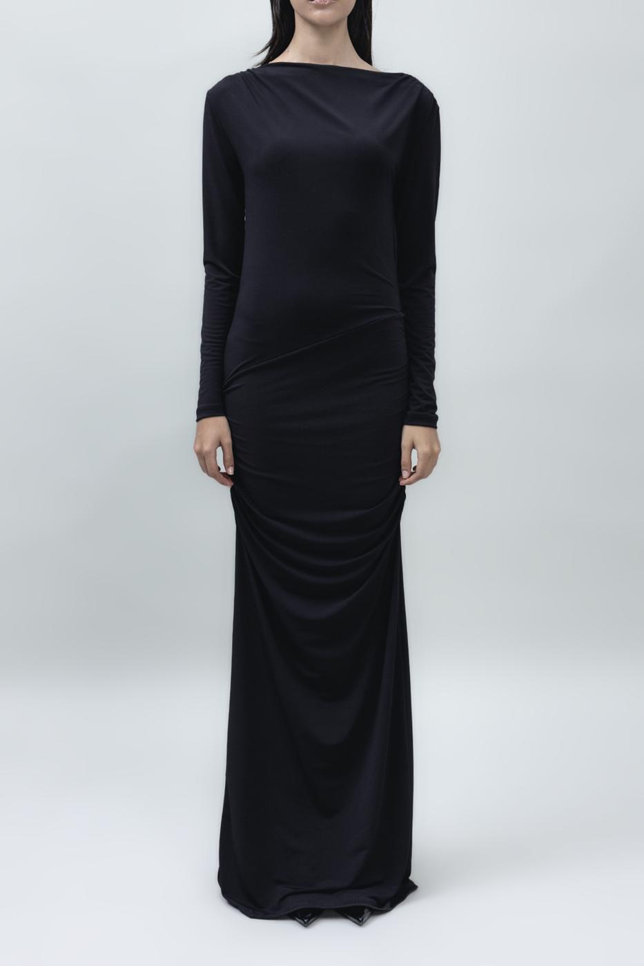 Bayan Siyah Kayık Yakalı Drapeli Maksi Elbise