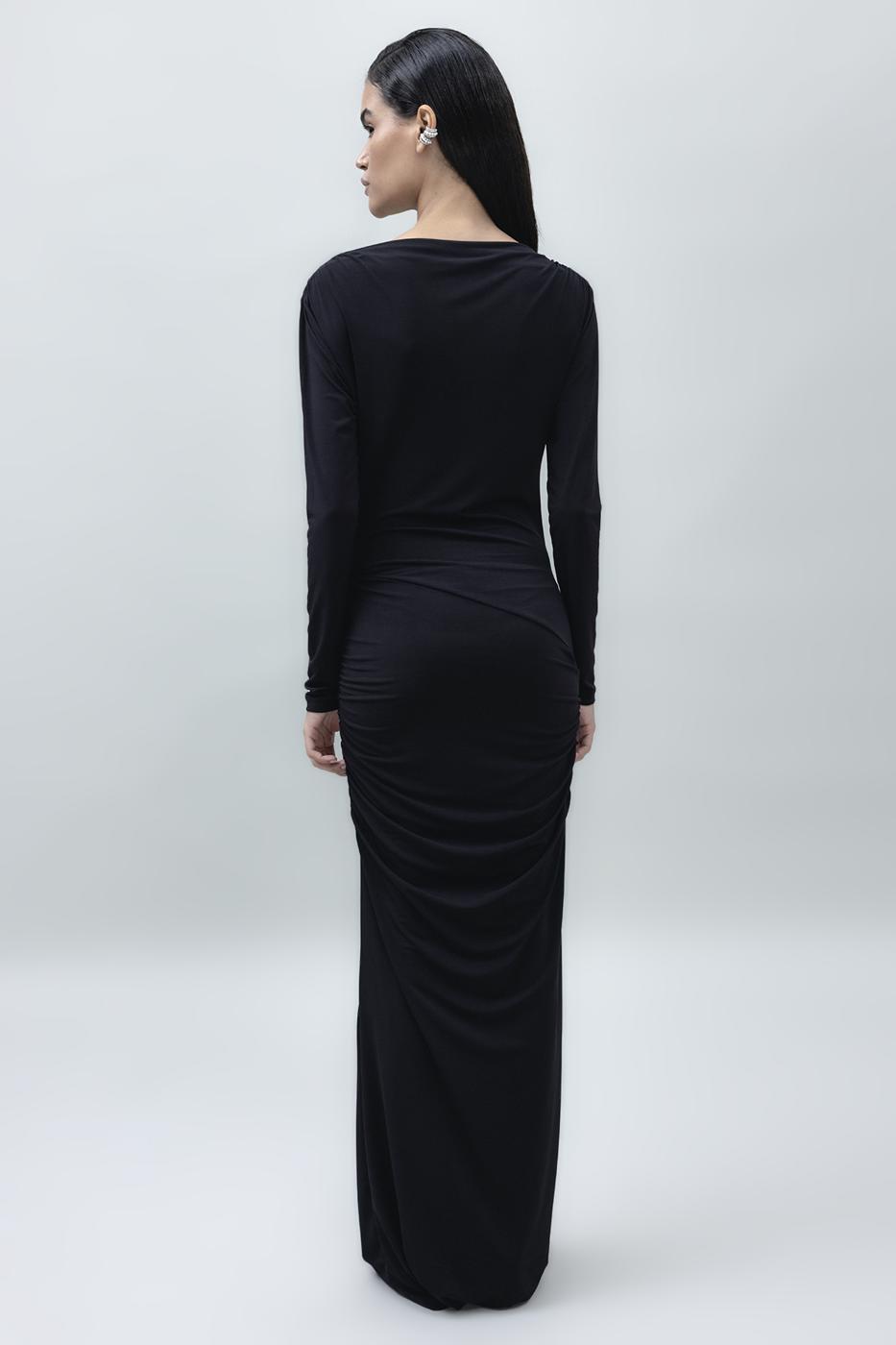 Bayan Siyah Kayık Yakalı Drapeli Maksi Elbise